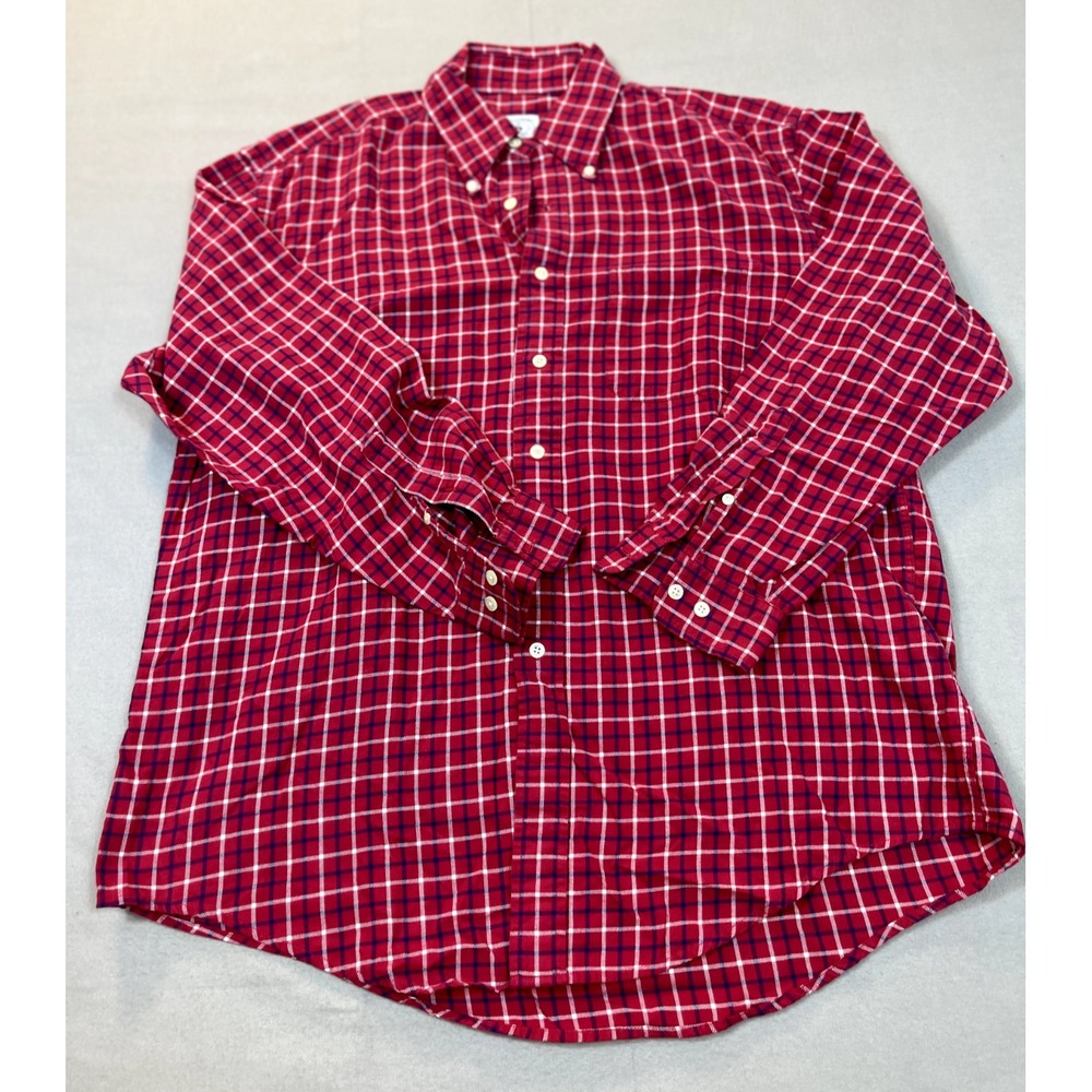 BROOKS BROTHERS Flannel Shirt Large Red White Blue Check Sport Shirt Mens